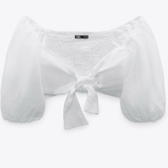 Zara Puff sleeves Tie Linen Top White color Sz XS - Picture 2 of 11